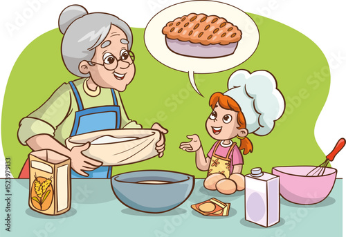 Grandmother teaching her granddaughter how to make a cake.vector illustration