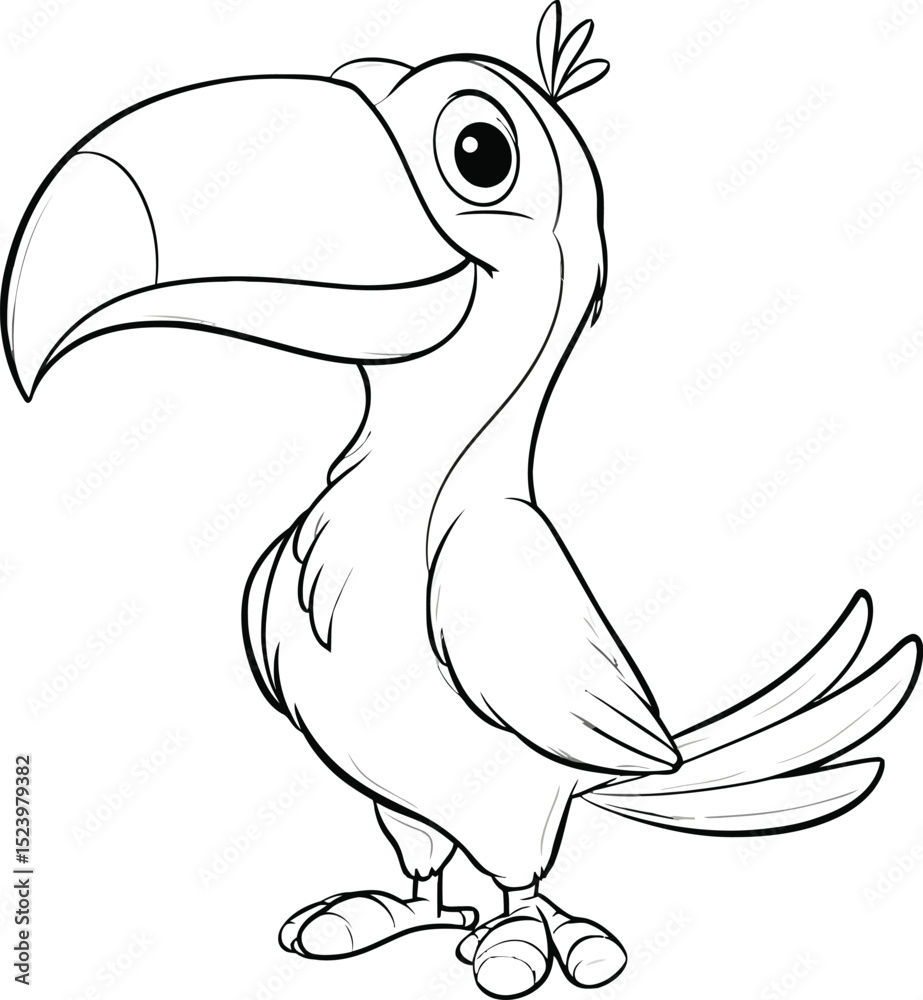 Obraz premium Toucan Cartoon Character Outline for Coloring – Tropical Bird Line Art Vector for Kids’ Educational Activities and Printable Coloring Pages