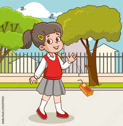 Child polluting the environment.Girl student throwing her trash on the ground