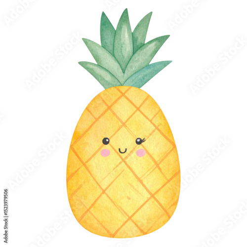 Cute pineapple illustration with smiling face and green leaves