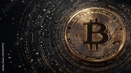 Golden Bitcoin on abstract circuit board digital background