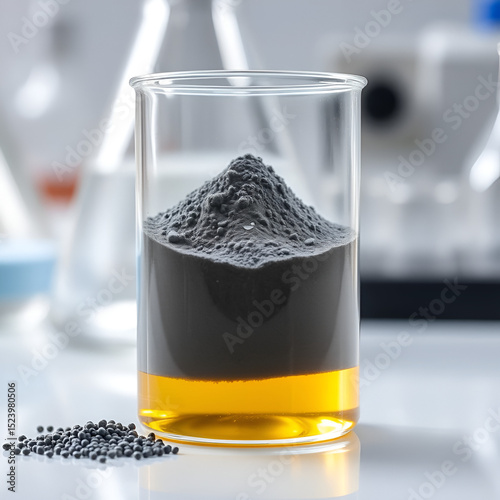Graphene powder in glass beaker on lab table. Carbon allotrope material nanotechnology research. Gray heap with blurred flask background. Modern advanced chemistry solution. photo