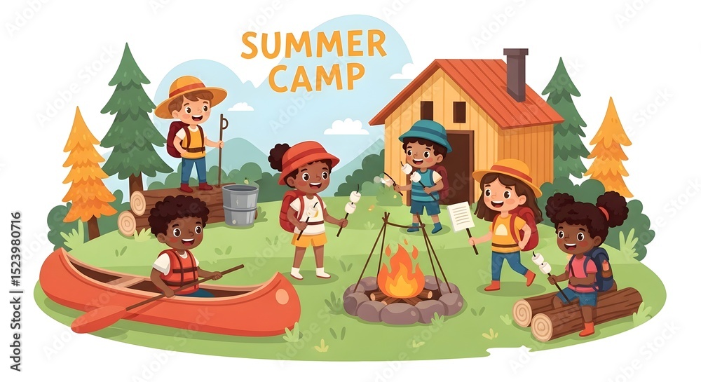 Fototapeta premium Cartoon illustration of children at summer camp with campfire and cabin scenery