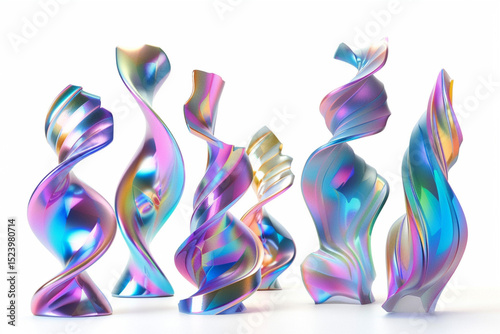 A set of abstract twisted holographic shapes stands on a white background 