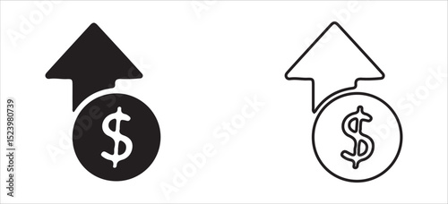 Dollar Symbol with Upward Arrow Icon – Solid and Outline Style for Financial Growth and Profit. Victor illustration eps 10