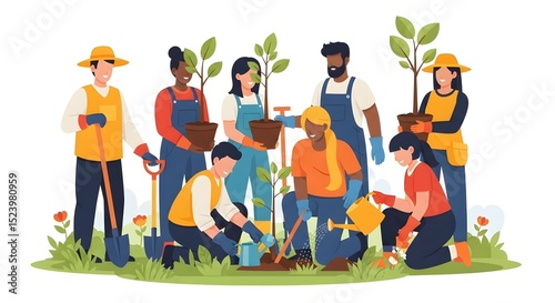 Group of diverse people planting trees together in a garden with tools and plants
