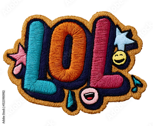 Embroidered lol patch with colorful letters and emoji decorations isolated on transparent background, perfect for adding a playful touch to any design