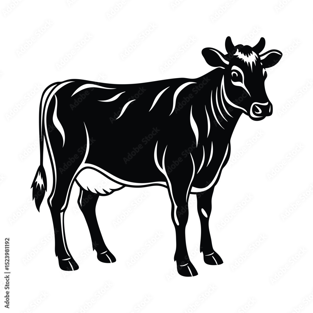 Fototapeta premium Black Silhouette of Domestic Cow on White Background Vector Illustration