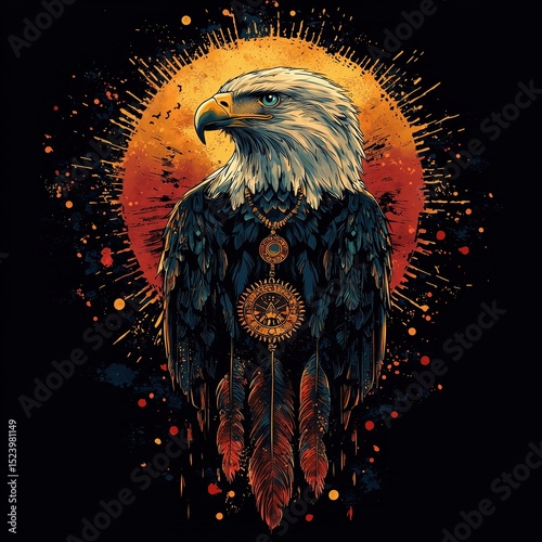 A majestic eagle illustrated in tribal style with sacred geometry and feathers, set against a fiery sunburst background, symbolizing power, freedom, and vision in digital artwork.