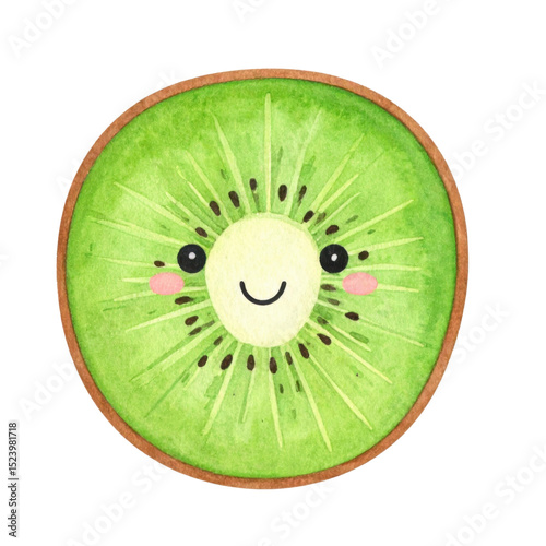Cute illustration of smiling kiwi slice with cheerful expression