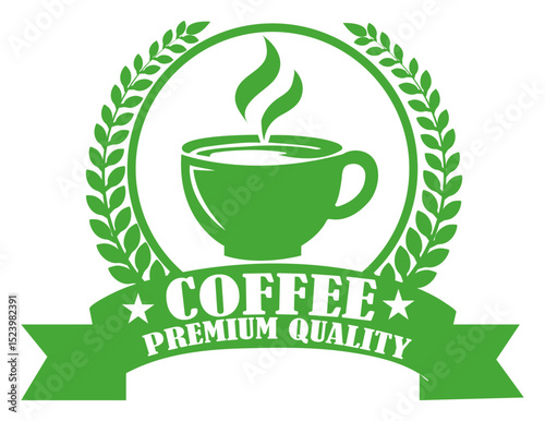 Green coffee premium quality badge emblem with laurel wreath and cup icon for cafe signage and branding design. Green coffee emblem with cup icon. Premium coffee logo in vintage style