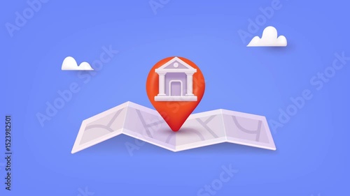 Location folded map and pin with bank icon. 3D Web animation.