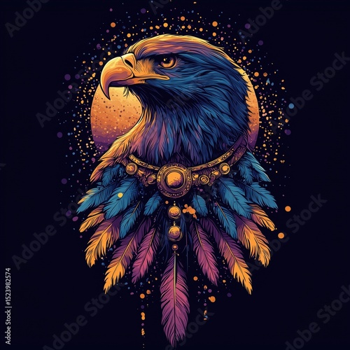A vibrant eagle in fantasy tribal style adorned with feathers and gems, with a glowing moon in the background. Symbolic digital artwork representing power, mysticism, and spiritual energy.
