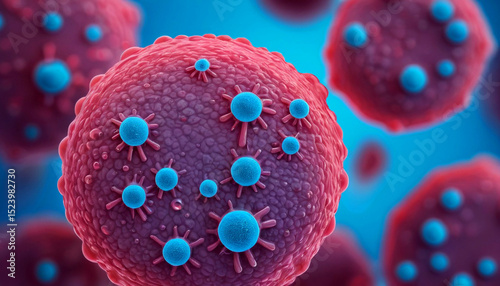Human cell virus. Microscopic view of HMPV Human metapneumovirus viruses, a potentially viral infection. Microbe cell. blood cell under a microscope. A highly detailed macro close-up of various bacter