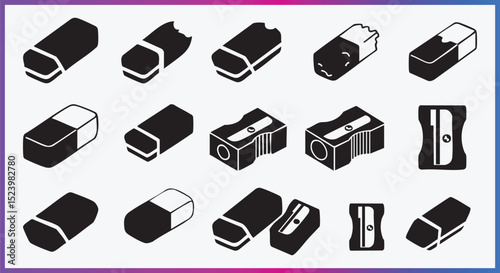 Erasers and Pencil Sharpener Icons Set Stationery Tools Vector Collection