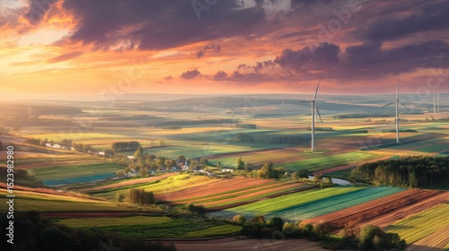 Wallpaper Mural Breathtaking Sunset Over Vibrant Fields and Wind Turbines in Landscape Torontodigital.ca