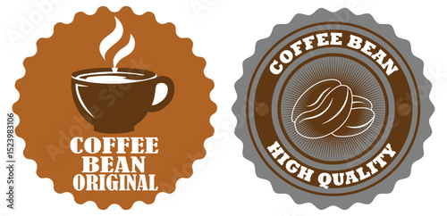  Coffee bean original and high quality badge set with vintage cup and bean icon for cafe packaging and signage design. Coffee bean logo badge set. Hot beverage vintage label design