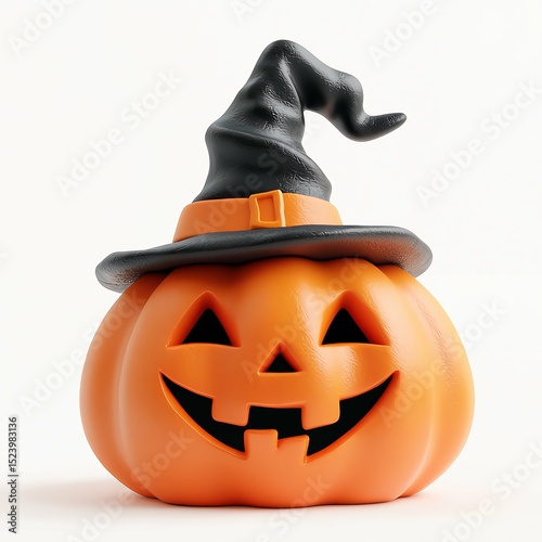 3D realistic funny smiling pumpkin with a cheerful face and black witch hat. Illustration of a cute orange vegetable. Isolated clipart for Halloween