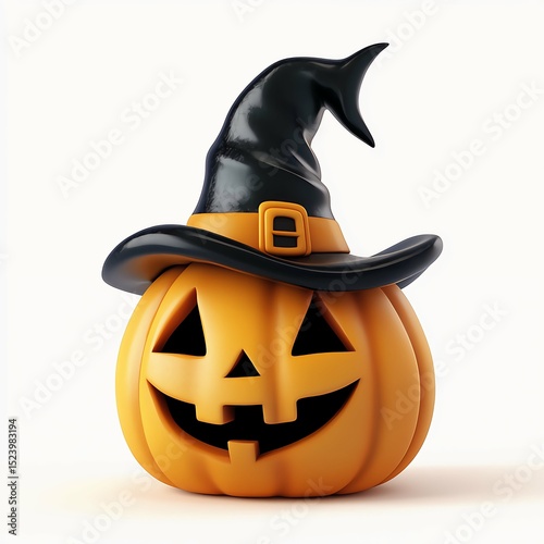 3D realistic funny smiling pumpkin with a cheerful face and black witch hat. Illustration of a cute orange vegetable. Isolated clipart for Halloween