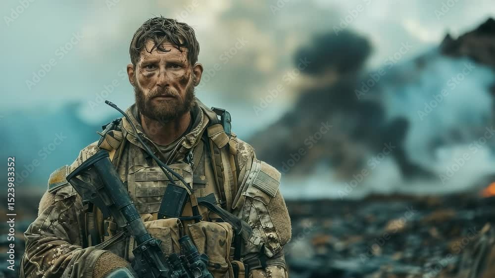 A battle-hardened 40-year-old soldier maintains a steady gaze while gripping his weapon tightly. The environment is filled with smoke and remnants of conflict, creating a somber atmosphere