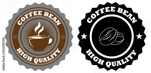 Coffee bean high quality logo badge set with cup and bean icons in vintage style for cafe branding and product labels. Coffee seal with vintage details. Classic coffee logo design set 