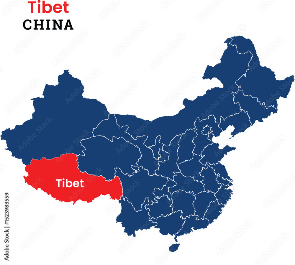 Obraz premium Map of Tibet, Map of Tibet with fill colour, Map of China state Tibet Vector Illustration, China, Tibet.