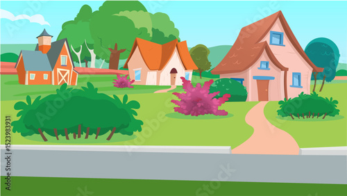 Country house landscape illustration. Vector illustration.