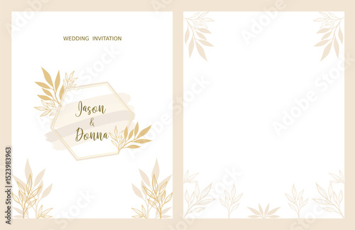 Wedding invitation template with beige leaf background