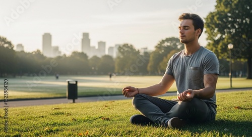 Man Meditating in City Park at Sunrise
