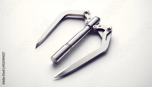 Modern stainless steel hoe photographed on plain white background, clean and professional layout.