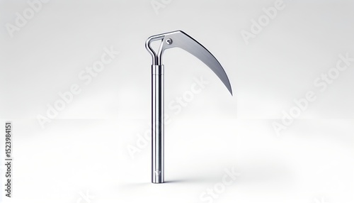 Modern stainless steel hoe photographed on plain white background, clean and professional layout.