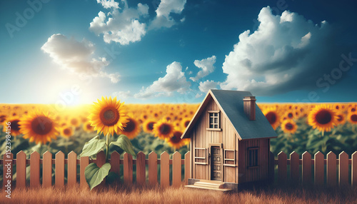 Hoe leaning against a wooden fence with a sunflower field in the background under bright blue sky.