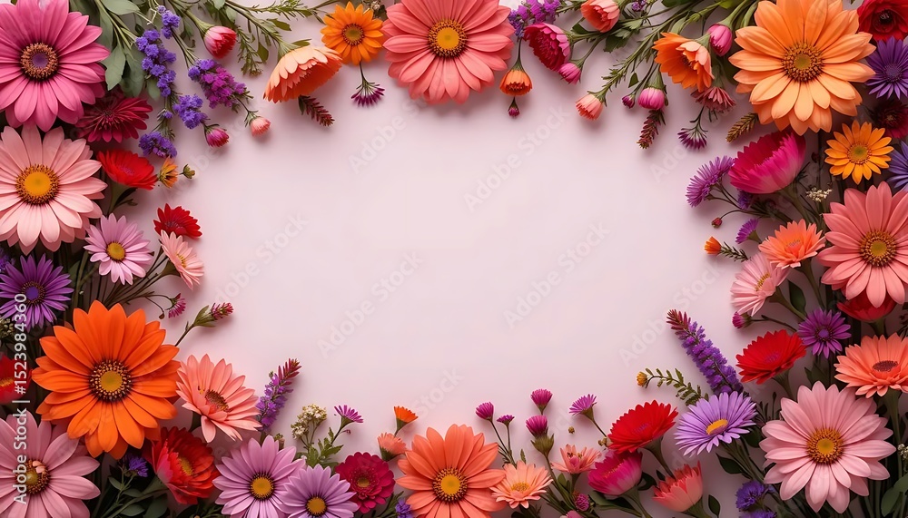 Obraz premium Vibrant daisy and wildflower border on a white background. Perfect for spring designs, invitations, greeting cards, or seasonal social media posts. Bright and cheerful floral layout