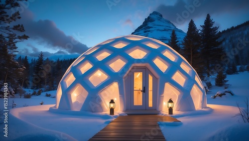Illuminated geodesic dome structure in a snowy mountain landscape at dusk