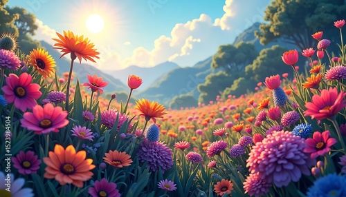 Blooming Flower Field Under Sunny Sky with Mountain Views Landscape