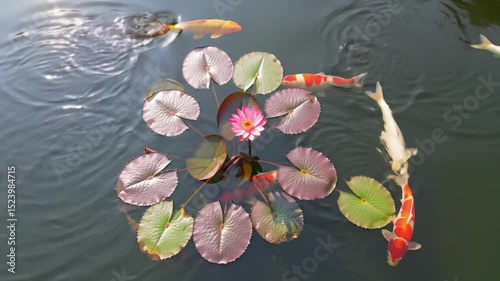 pink lotus flower surrounded by koi fish in the pond