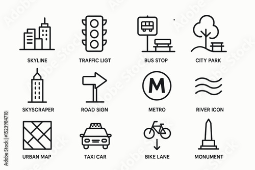 Urban icons: skyline, traffic, transit, and public spaces