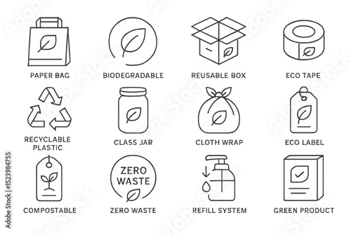 Eco-friendly packaging icons: zero waste, reusable, biodegradable solutions