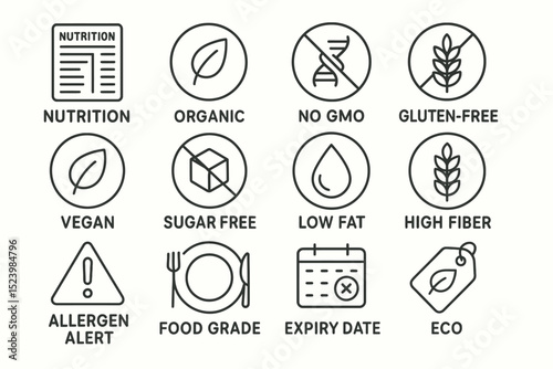Nutrition and food labels: organic, gluten-free, vegan, sugar-free icons