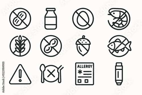 Food allergy icons: gluten, dairy, nut, shellfish, fish warnings and alert symbols