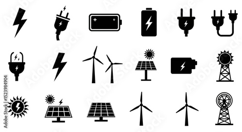 Black and white energy icons lightning bolts plugs batteries windmills solar panels