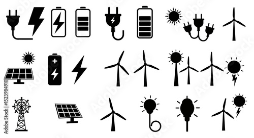 Black and White Renewable Energy Icons Solar Panels Wind Turbines Batteries and Plugs