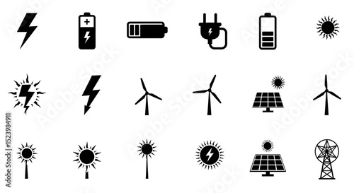 Black and white renewable energy and power source icons collection