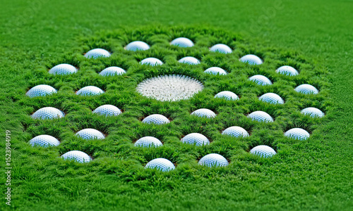 Collage golf target, metaphor. Golf course with balls in holes of green lawn. Sports banner. Playground.
