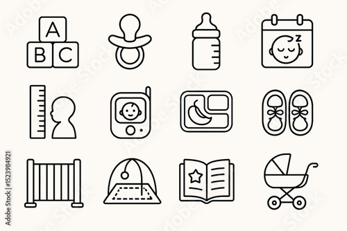Baby essentials icons: bottle, pacifier, stroller, calendar, shoes, abc blocks