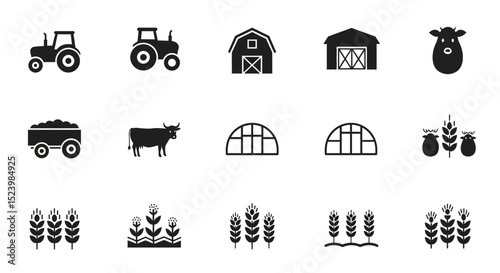 Black farm icons tractors barns cow wheat trailer greenhouse agriculture elements