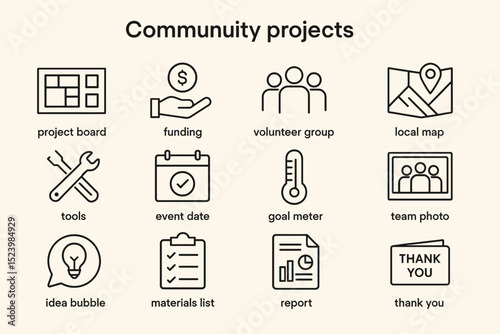Icons representing community projects: tools, funding, goals, and team collaboration