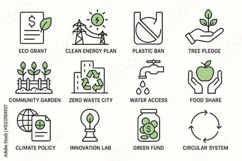 Eco initiatives icons highlighting sustainability efforts and innovations in green solutions