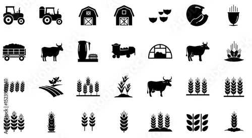 Black silhouette icons depicting agriculture farming and rural life elements