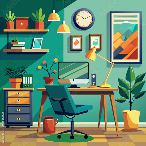 Modern home office interior with a stylish desk, chair, and computer, perfect for business or creative design	